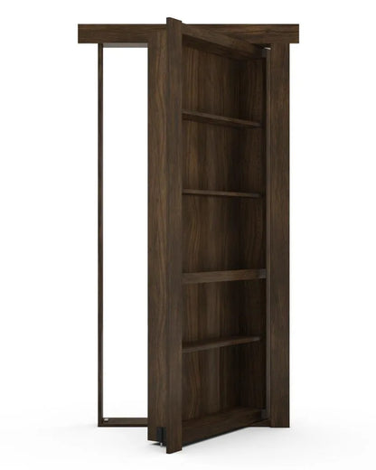 Murphy Door® dark wood bookcase hidden door with five shelves, partially open to reveal secret passage.