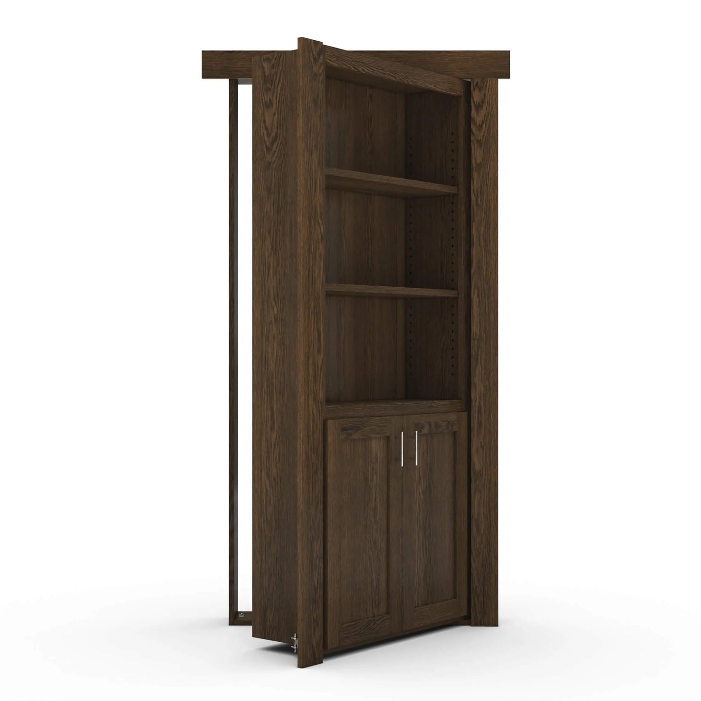 Murphy Door® dark brown wooden bookcase door that opens like a regular door, featuring three shelves and a cabinet with silver handles.