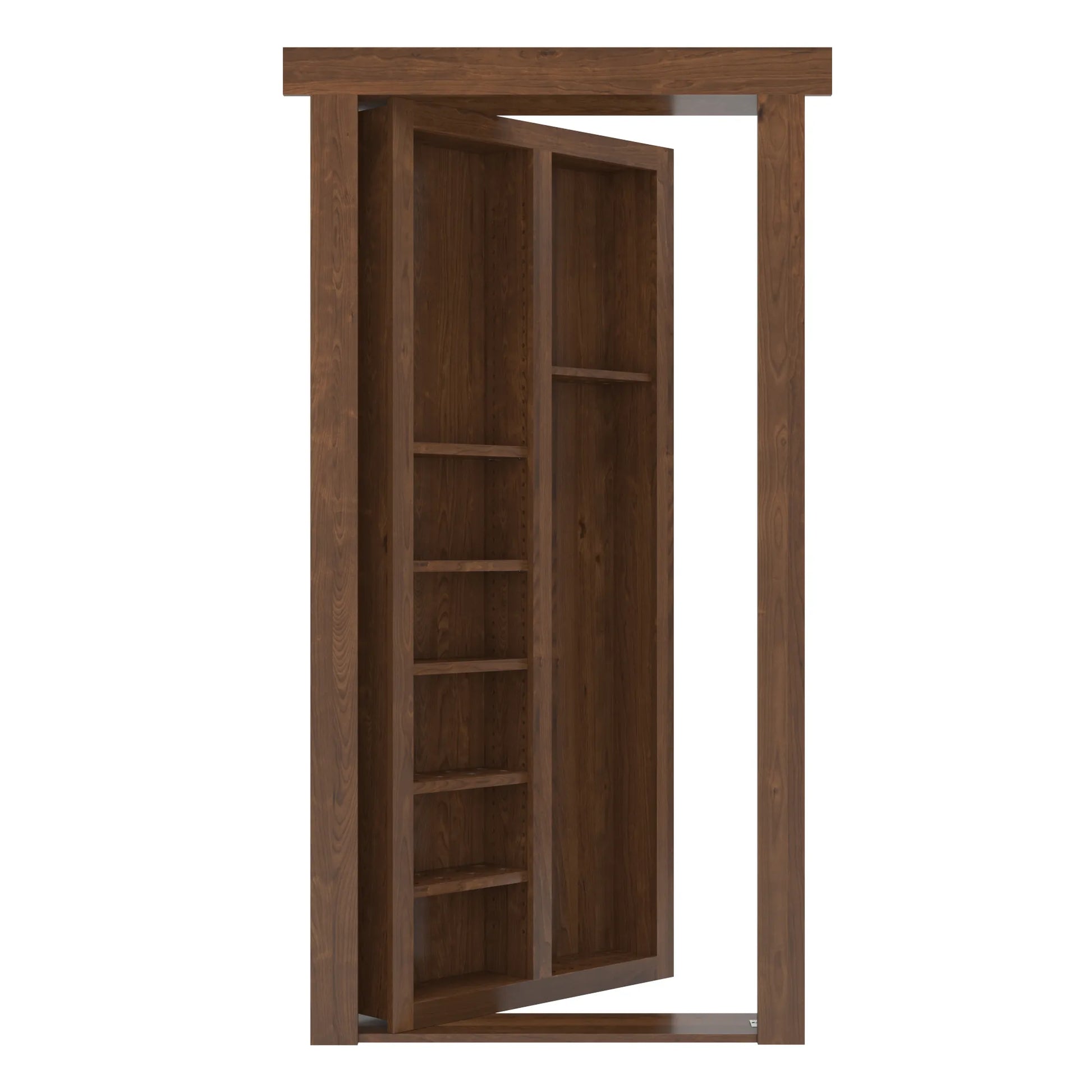Murphy Door® wooden bookcase hidden door in rich walnut finish, partially open to reveal built-in shelving and secret passage.