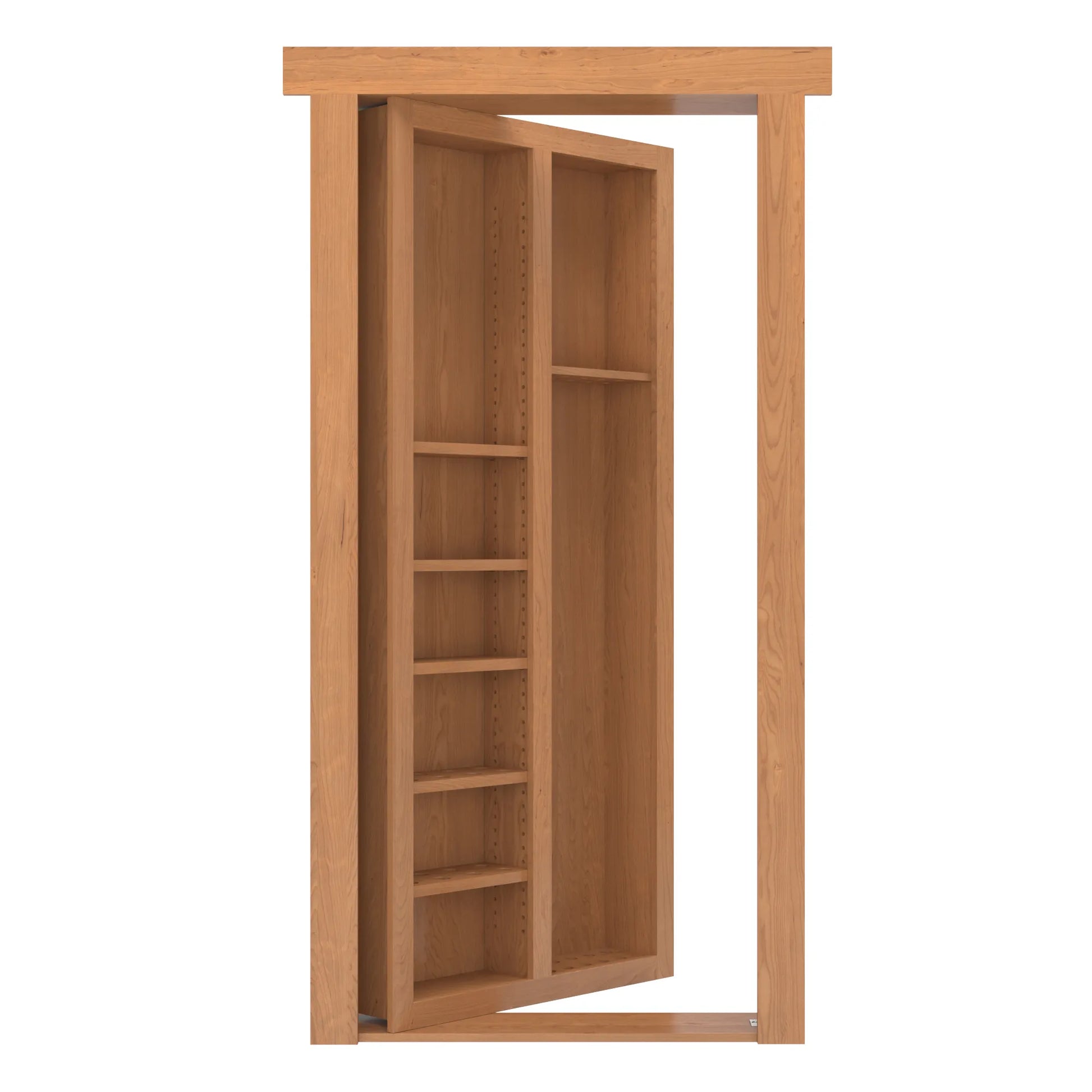 Murphy Door® wooden bookcase hidden door in light oak finish, featuring adjustable shelving and concealed hinges.