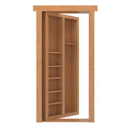 Murphy Door® wooden bookcase hidden door in light oak finish, featuring adjustable shelving and concealed hinges.