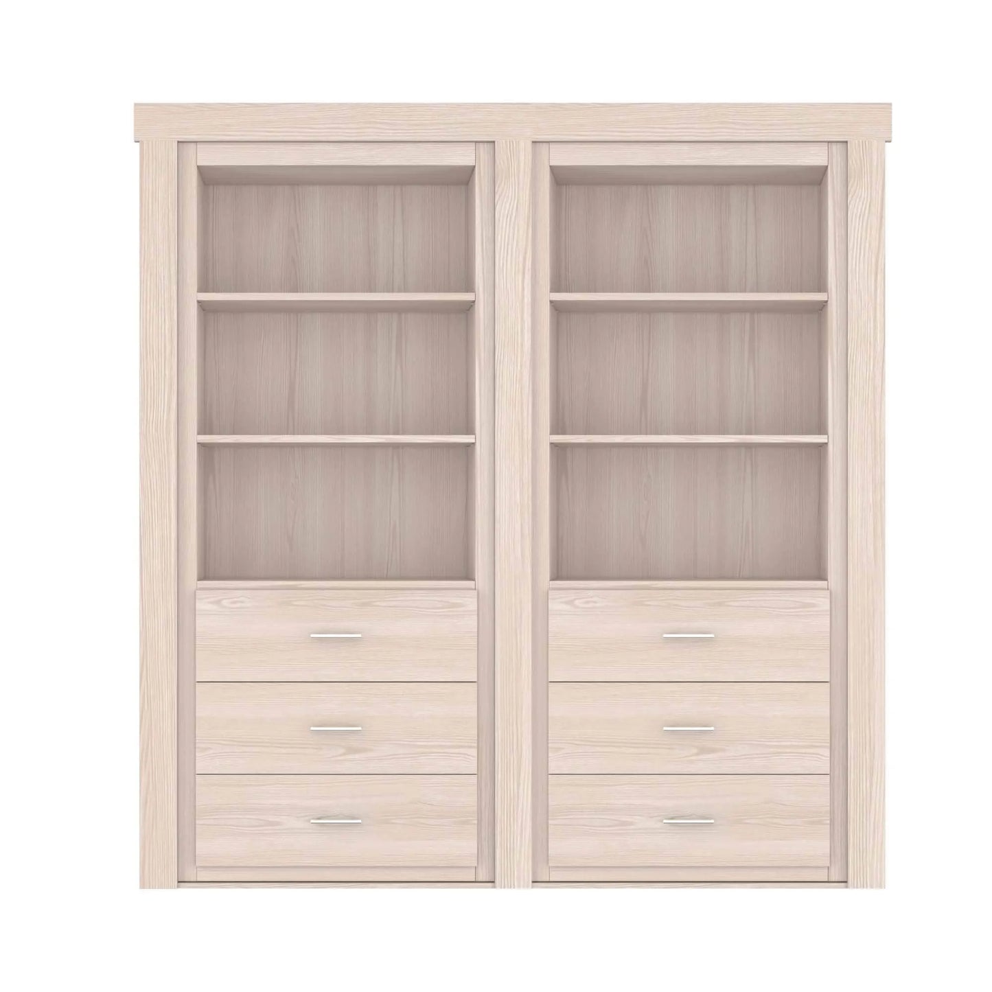 Murphy Door® light wood bookcase with three shelves and three drawers in each unit, featuring a minimalist design.
