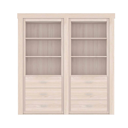 Murphy Door® light wood bookcase with three shelves and three drawers in each unit, featuring a minimalist design.