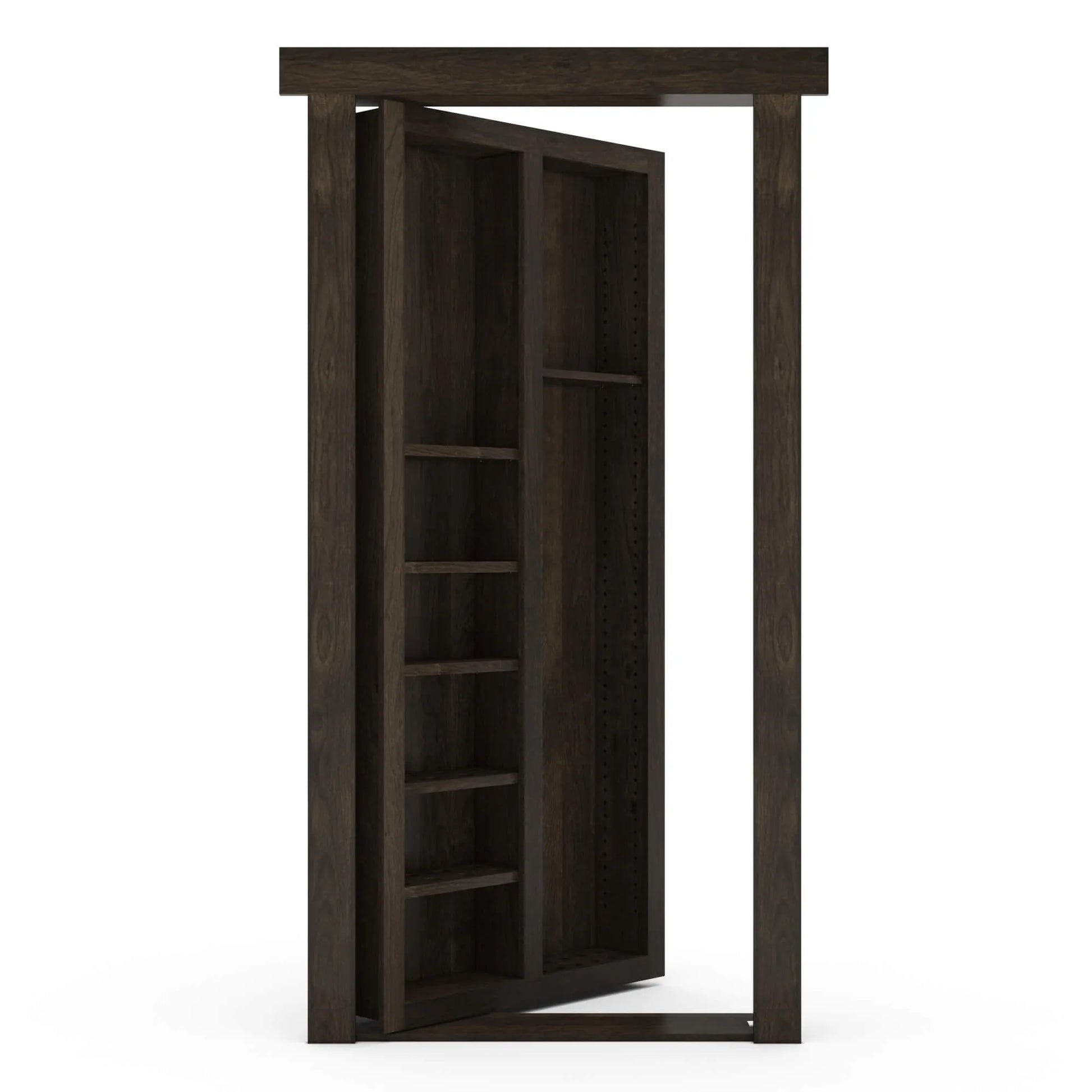 Murphy Door® hidden bookcase door in dark wood finish, shown partially open to reveal multiple shelves for storage and decor.