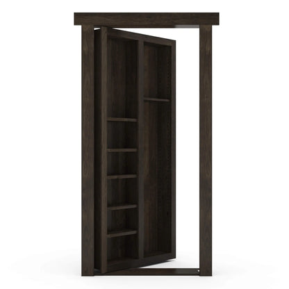 Murphy Door® hidden bookcase door in dark wood finish, shown partially open to reveal multiple shelves for storage and decor.