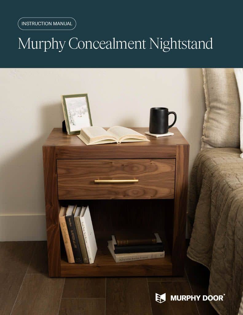 Murphy Door® dark walnut concealment nightstand with a drawer, brass pull, open shelf, books, and mug.