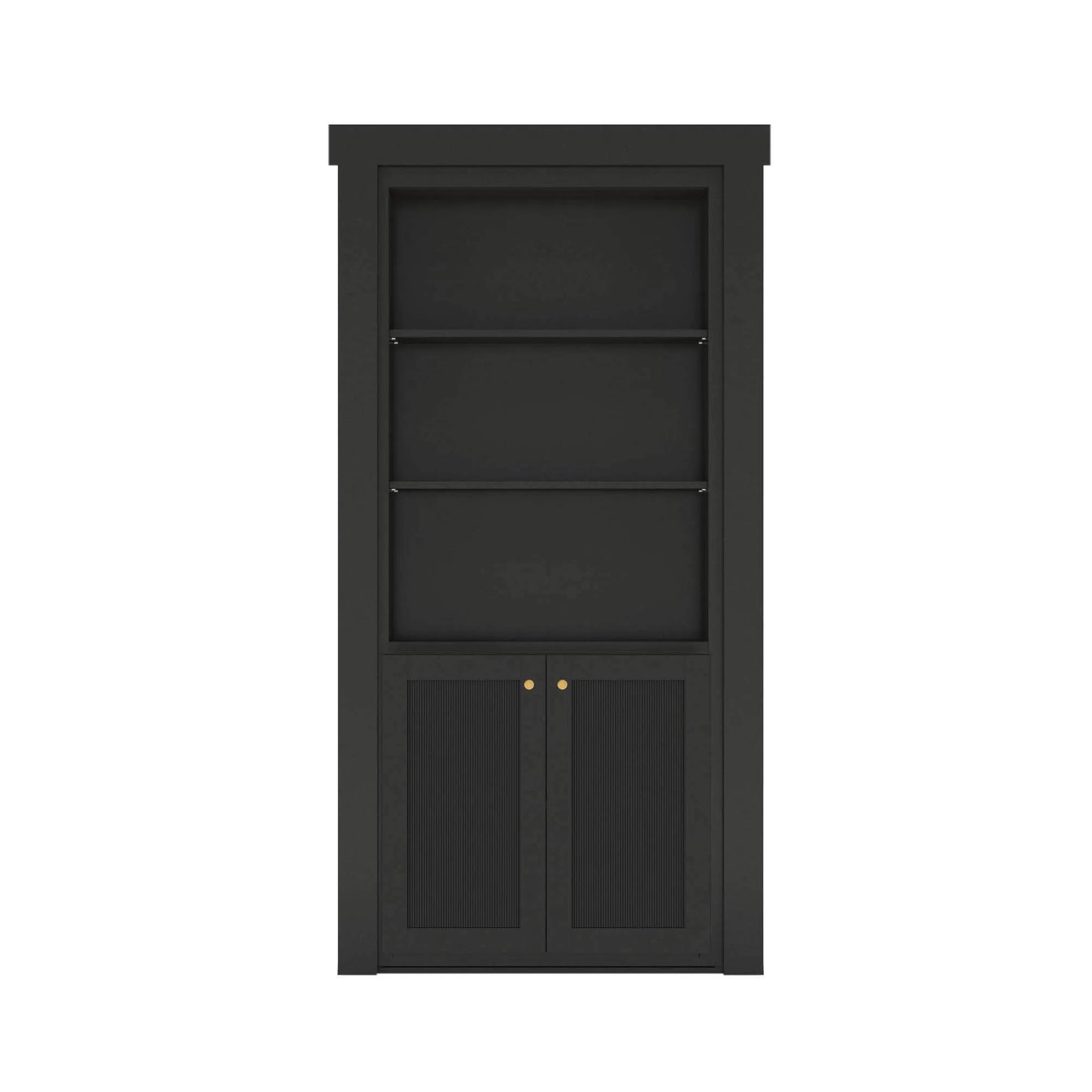 Murphy Door® black bookcase hidden door with three shelves and cabinet storage featuring elegant brass knob accents.
