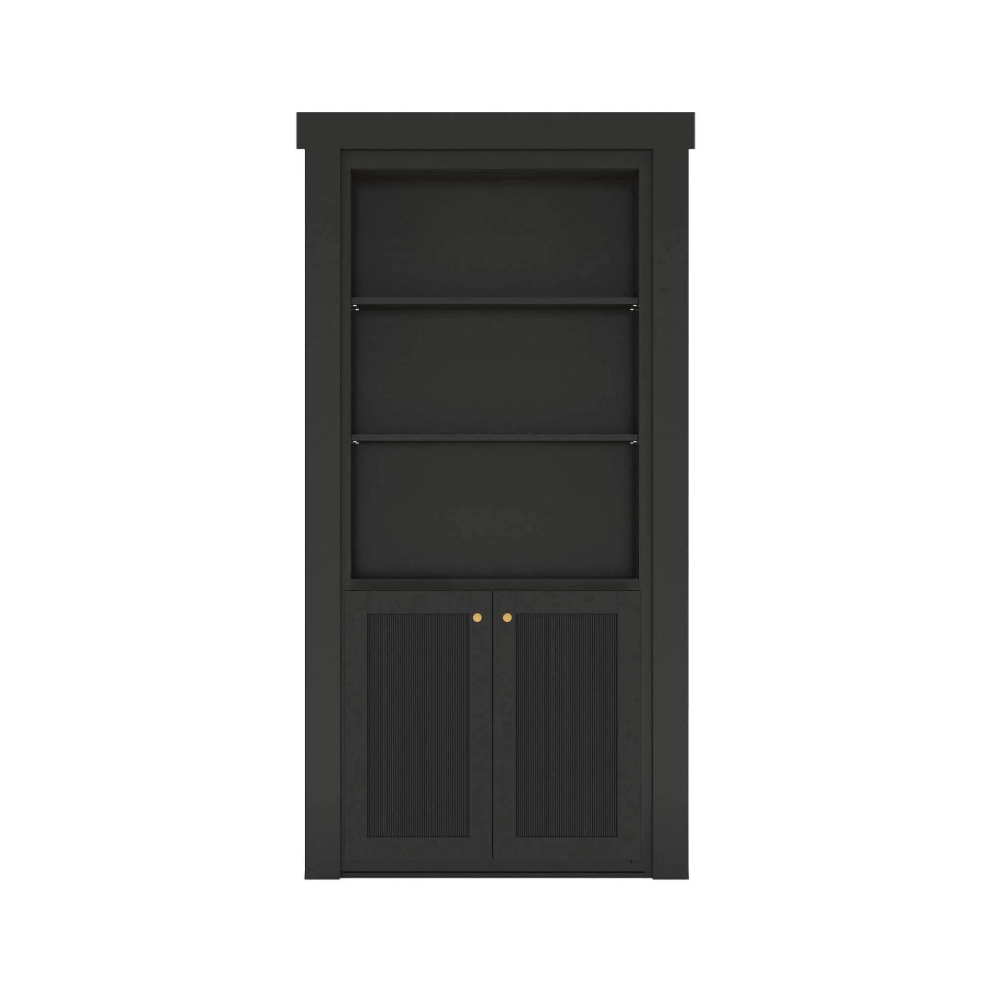 Murphy Door® black bookcase hidden door with three shelves and cabinet storage featuring elegant brass knob accents.