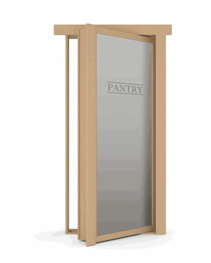 Murphy Door® pantry door with frosted glass panel in light wood frame, featuring "PANTRY" etched text.