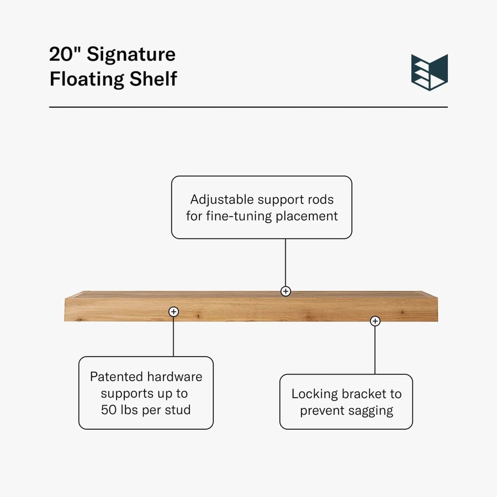 Murphy Door® 20" Signature Floating Shelf. Light brown wooden floating shelf with adjustable rods, patented 50lb hardware & locking bracket.