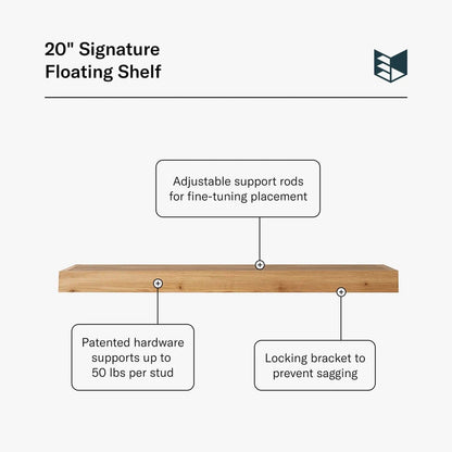 Murphy Door® 20" Signature Floating Shelf. Light brown wooden floating shelf with adjustable rods, patented 50lb hardware & locking bracket.