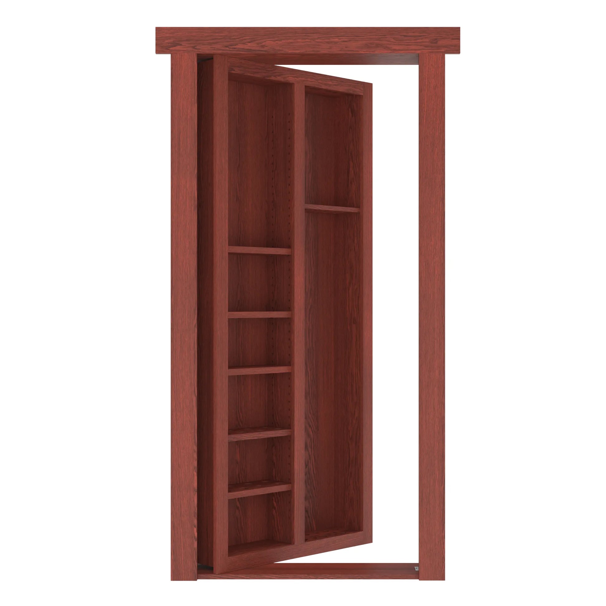 Murphy Door® hidden bookcase door in rich cherry wood with multiple shelves, partially open to reveal secret entrance.