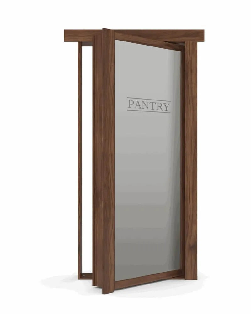 Murphy Door® pantry hidden door with frosted glass panel in walnut frame, shown partially open.