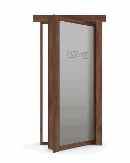 Murphy Door® pantry hidden door with frosted glass panel in walnut frame, shown partially open.