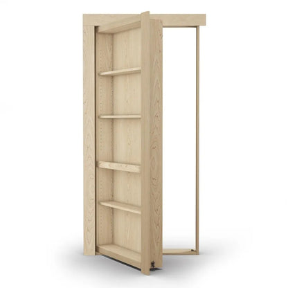 Murphy Door® hidden bookcase door in light wood finish with adjustable shelving, shown partially open to reveal doorway.