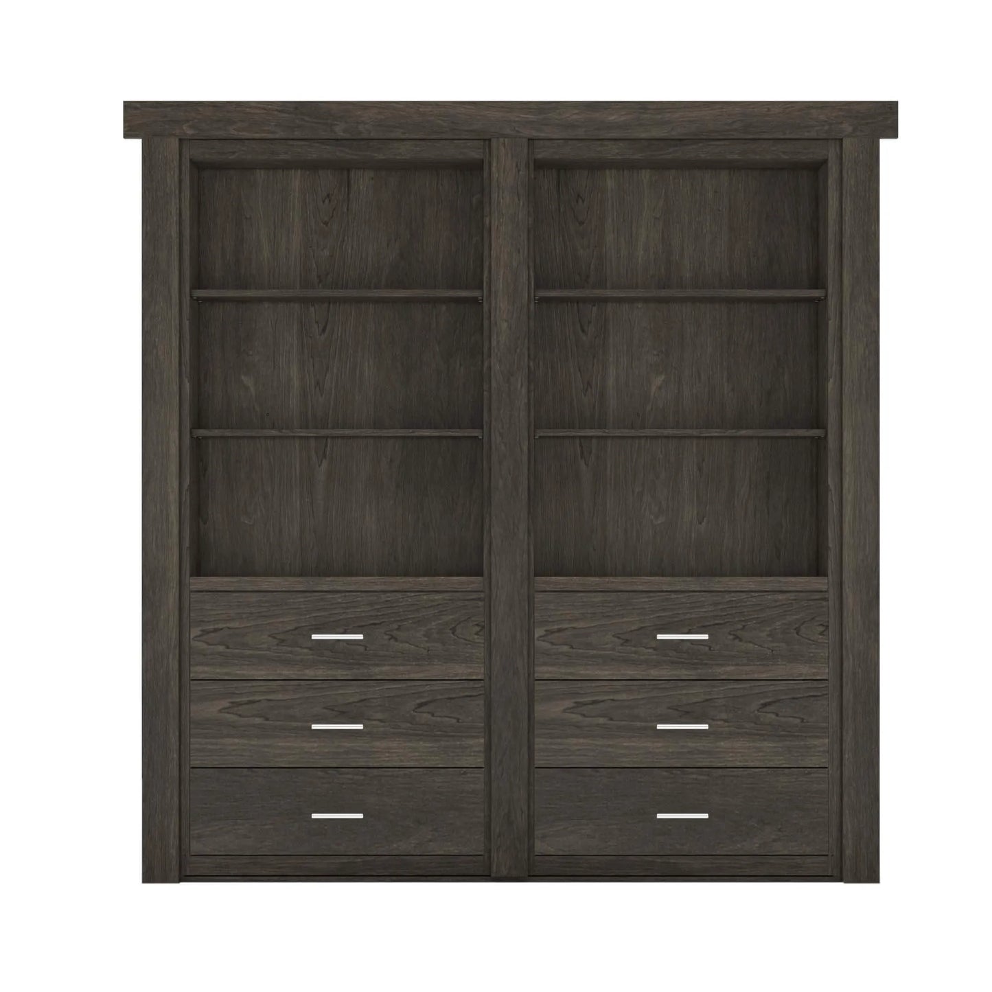 Dark wood Murphy Door® bookcase with six open shelves and six drawers featuring silver hardware in a contemporary style.