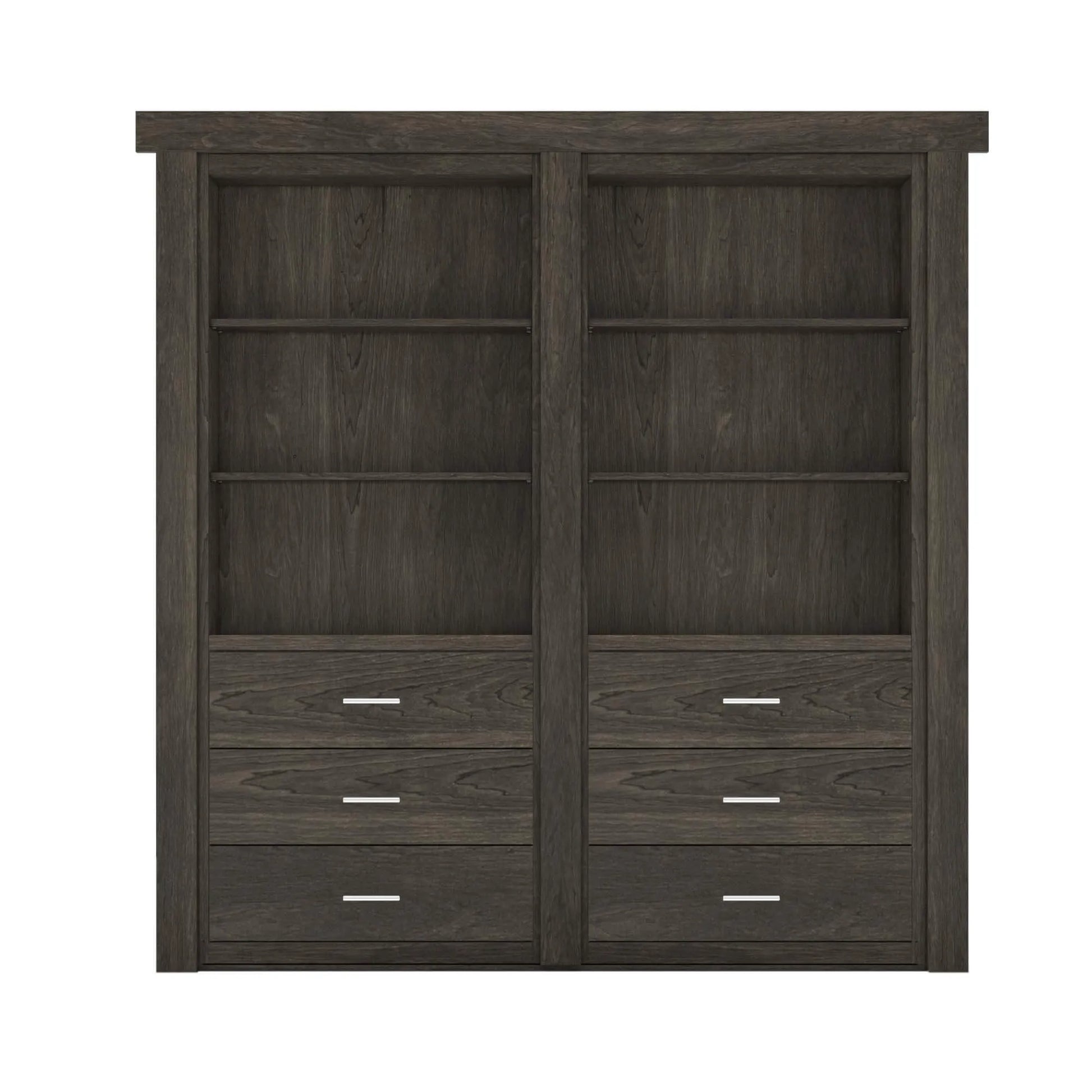 Dark wood Murphy Door® bookcase with six open shelves and six drawers featuring silver hardware in a contemporary style.