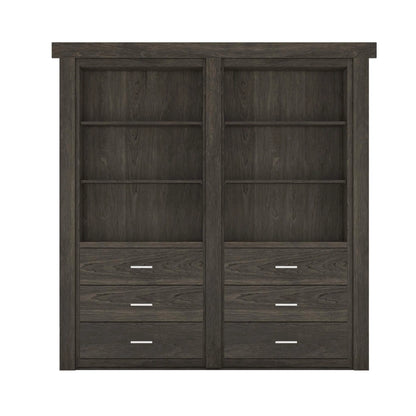 Dark wood Murphy Door® bookcase with six open shelves and six drawers featuring silver hardware in a contemporary style.