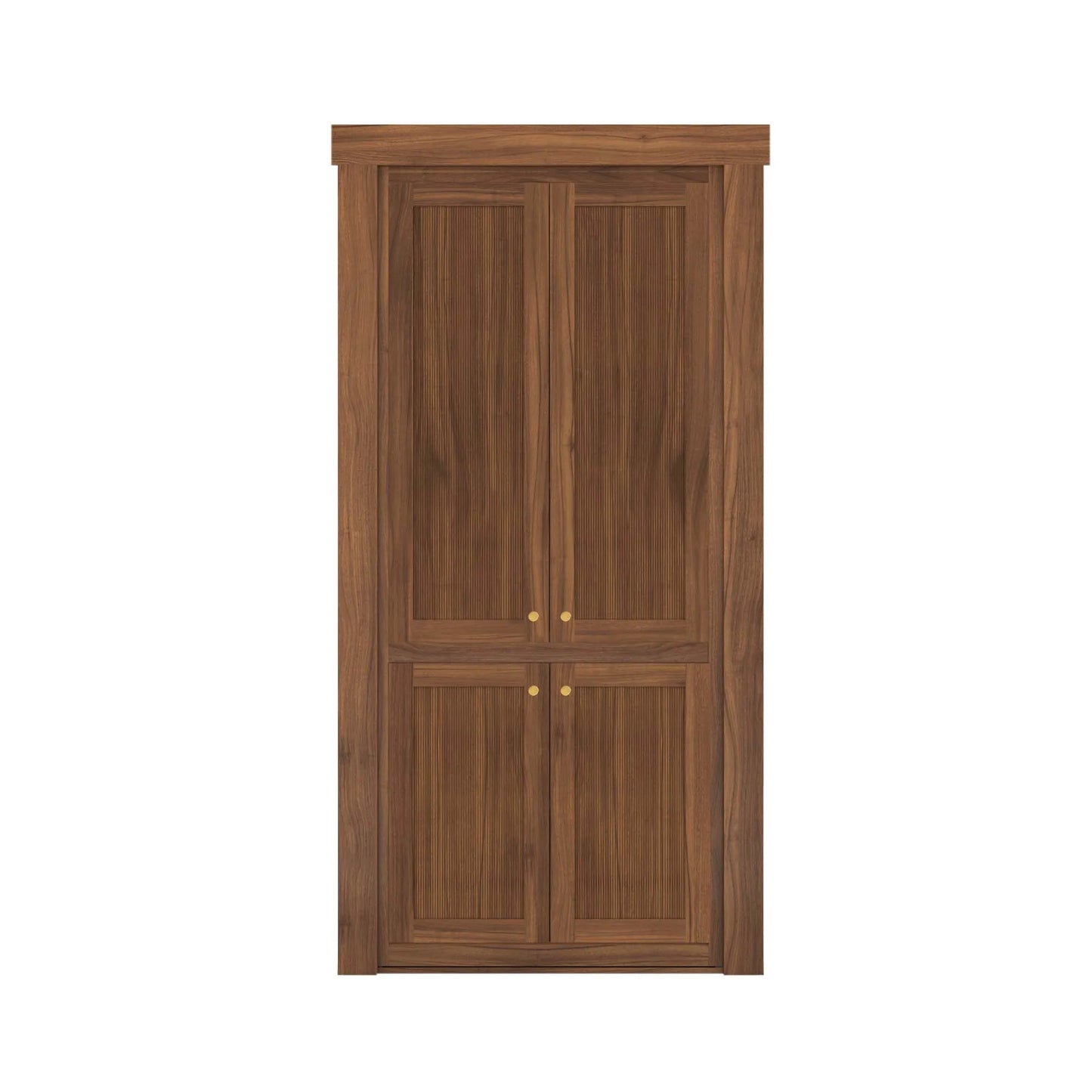 Murphy Door® wooden cabinet with four-panel design, walnut finish and brass knobs, featuring hidden door functionality.