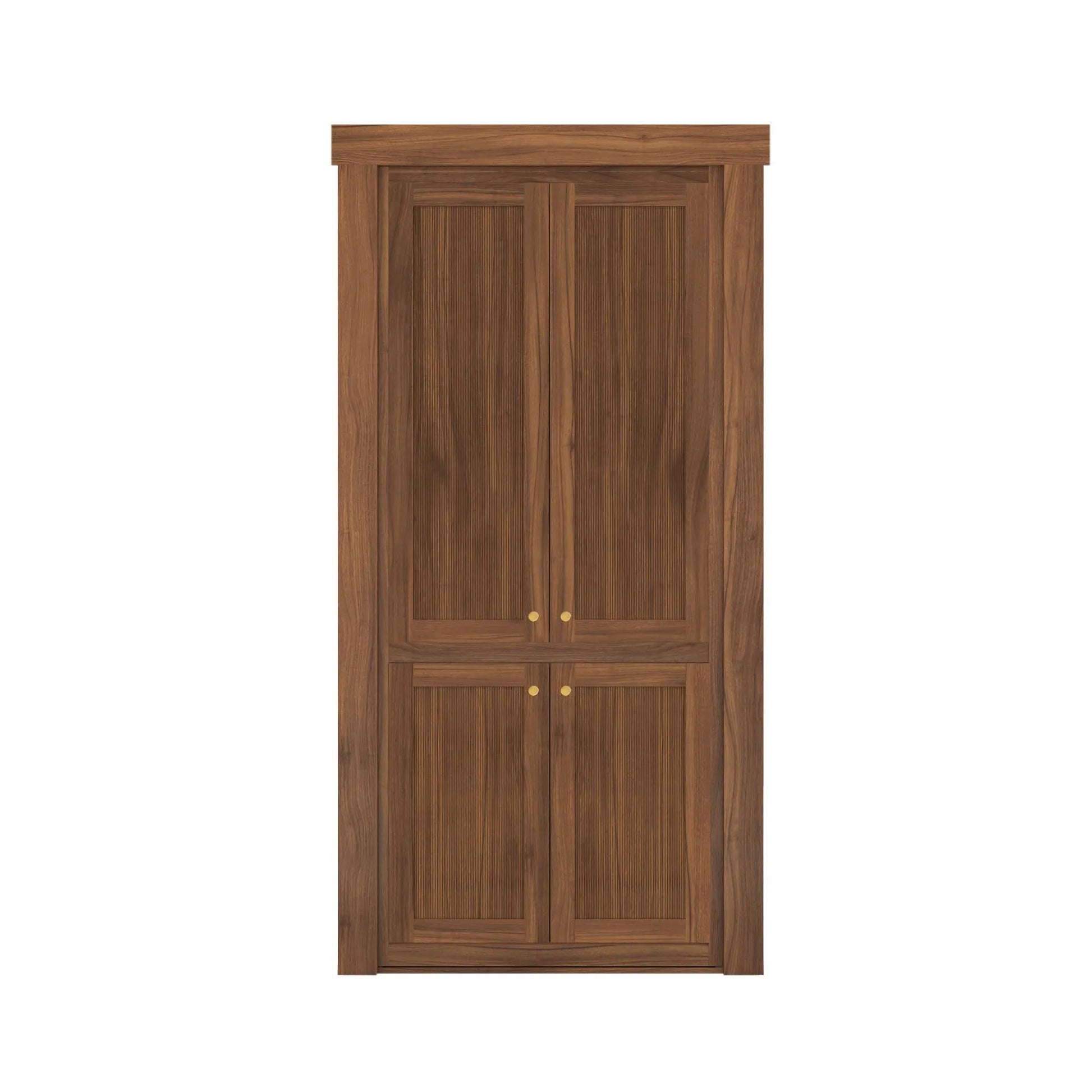 Murphy Door® wooden cabinet with four-panel design, walnut finish and brass knobs, featuring hidden door functionality.