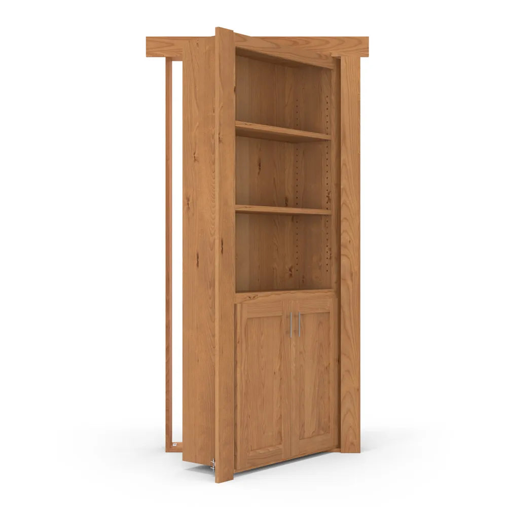 Murphy Door® wooden bookshelf hidden door in natural oak finish with three adjustable shelves and cabinet storage below.