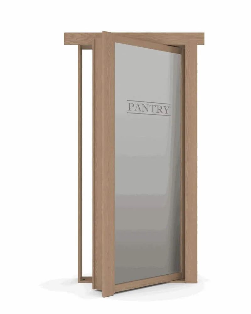 Murphy Door® pantry door with light oak wooden frame and frosted glass panel featuring "PANTRY" etching, shown slightly ajar.