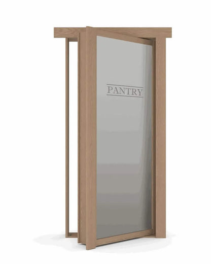 Murphy Door® pantry door with frosted glass panel in wooden frame, slightly ajar, showing "PANTRY" label etched on glass.