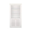 Murphy Door® white bookcase hidden door with three open shelves and double cabinet storage with textured panels and gold knobs.