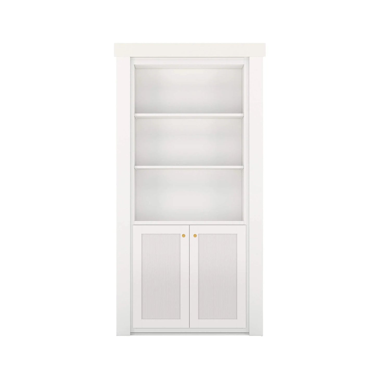 Murphy Door® white bookcase hidden door with three open shelves and double cabinet storage with textured panels and gold knobs.