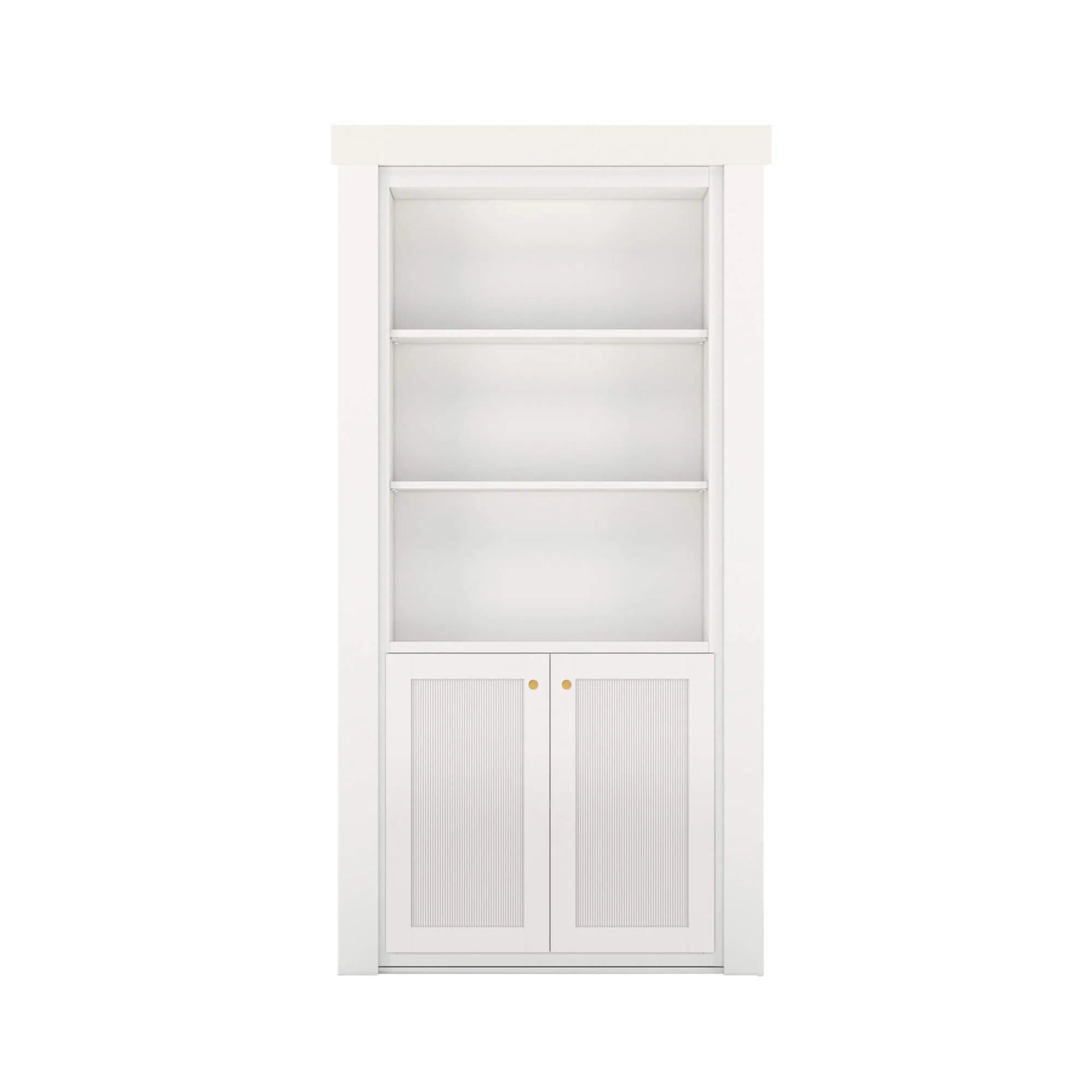 Murphy Door® white bookcase hidden door with three open shelves and double cabinet storage with textured panels and gold knobs.