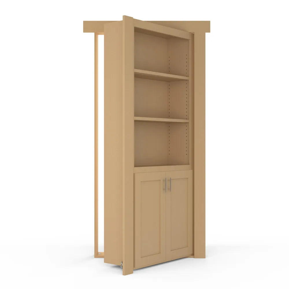 Murphy Door® hidden bookcase door in light beige with three adjustable shelves and cabinet storage below, shown partially open.