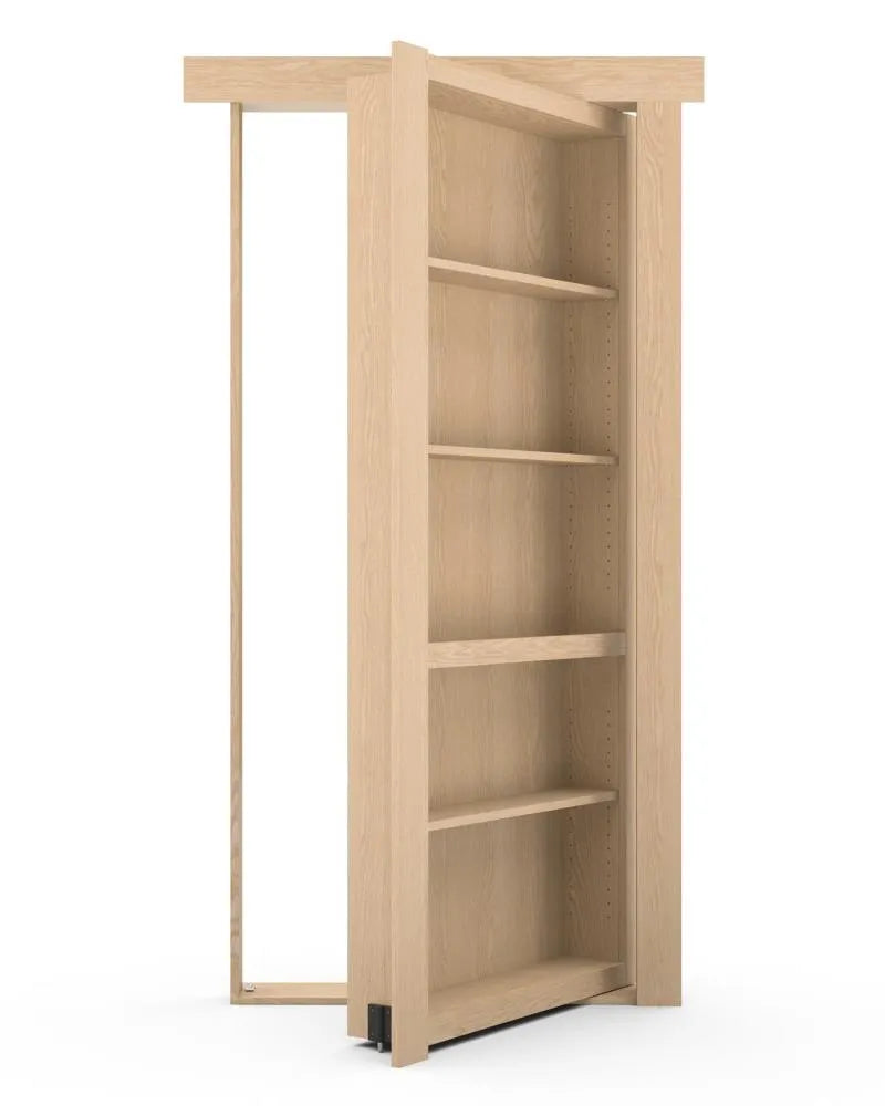 Murphy Door® light wood bookshelf door partially open, showing adjustable shelving and hidden door mechanism.