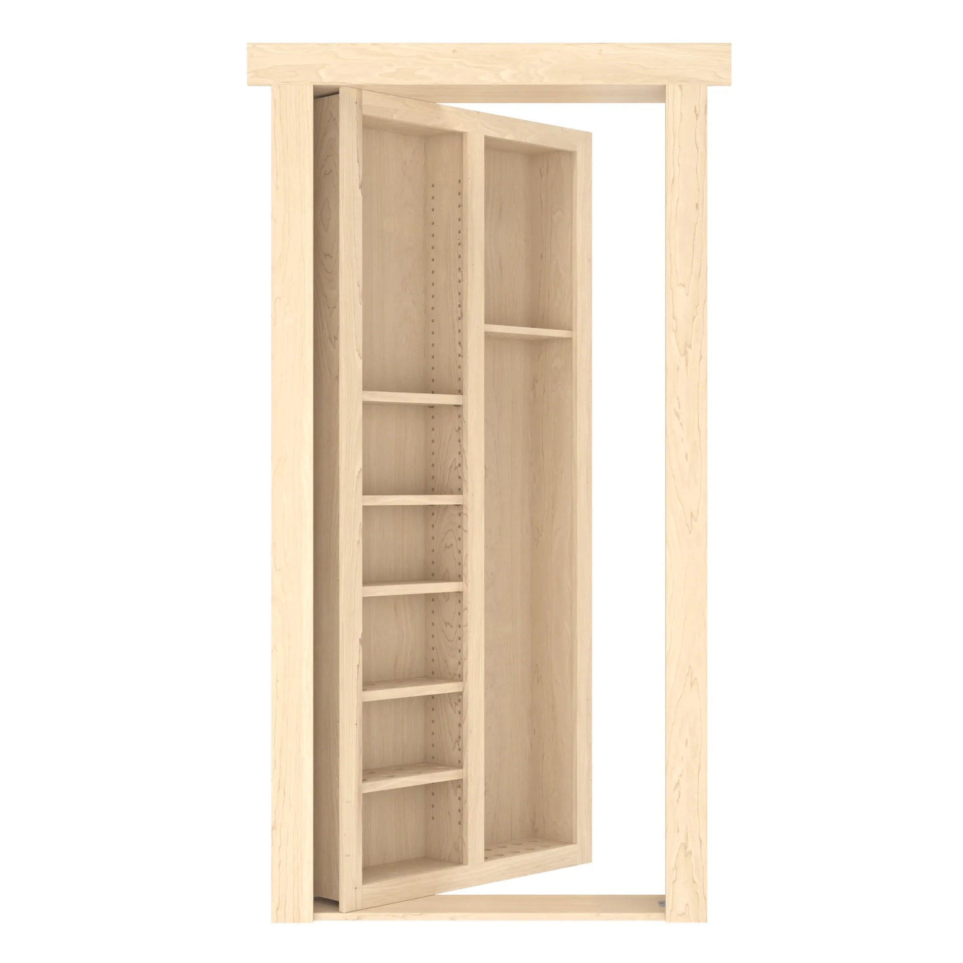 Murphy Door® light wood hidden bookcase door showing adjustable shelving on left side and full-height storage on right.
