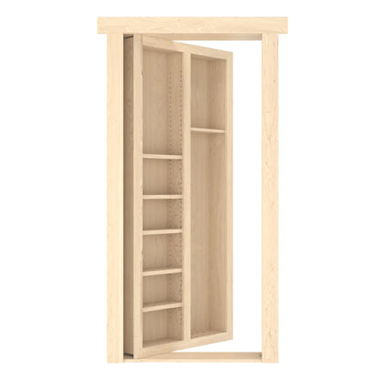 Murphy Door® light wood hidden bookcase door showing adjustable shelving on left side and full-height storage on right.