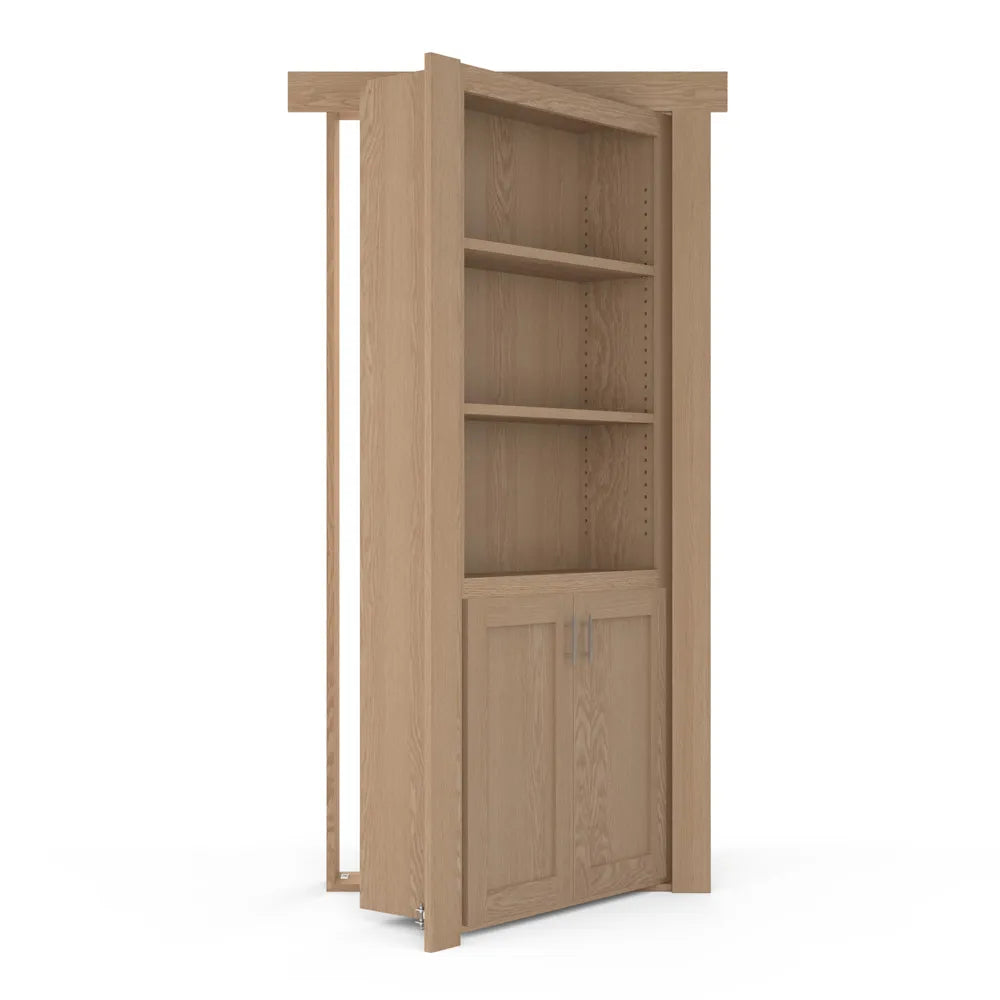 Murphy Door® oak bookcase hidden door with three adjustable shelves and bottom cabinet, shown partially open.