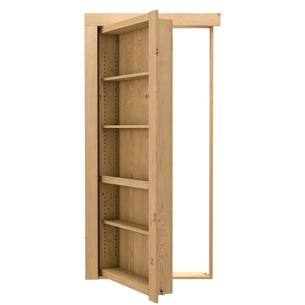 Murphy Door® hidden bookcase door in light wood with adjustable shelving, shown partially open to reveal secret room entrance.
