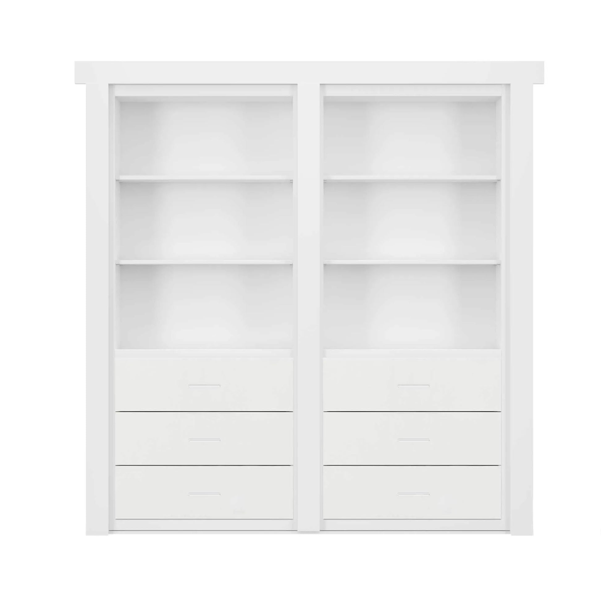 Murphy Door® white bookcase with six shelves and six drawers, featuring a clean minimalist design for hidden door storage solutions.