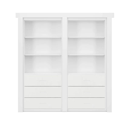 Murphy Door® white bookcase with six shelves and six drawers, featuring a clean minimalist design for hidden door storage solutions.