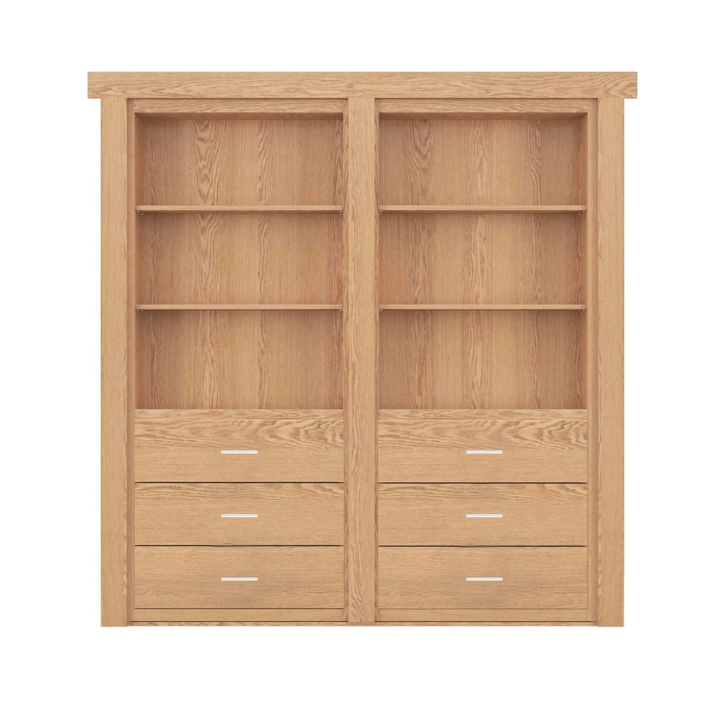 Murphy Door® light oak bookcase with six shelves and six drawers, featuring clean lines and modern hardware.