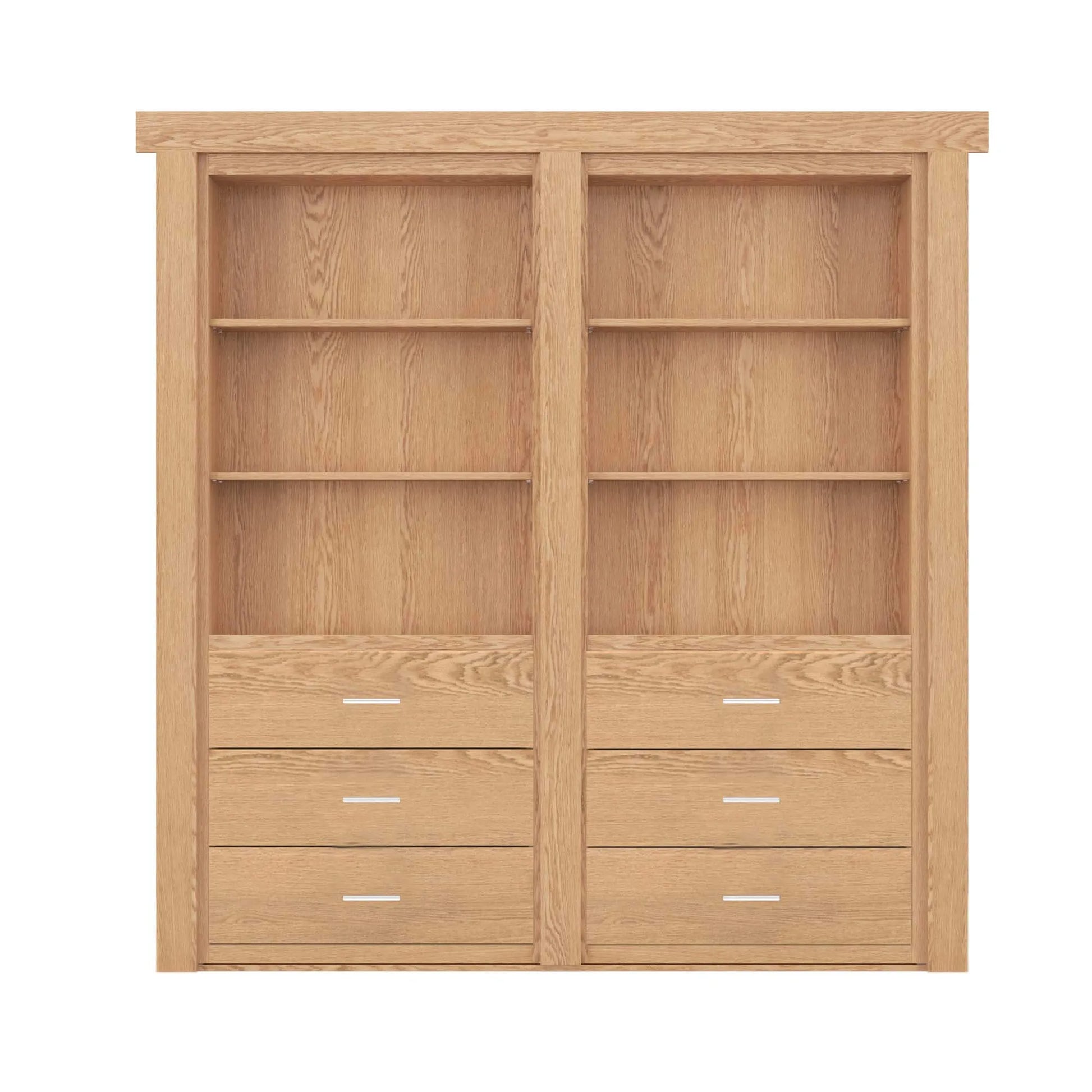 Murphy Door® light oak bookcase with six shelves and six drawers, featuring clean lines and modern hardware.