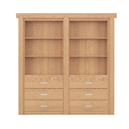 Murphy Door® light oak bookcase with six shelves and six drawers, featuring clean lines and modern hardware.