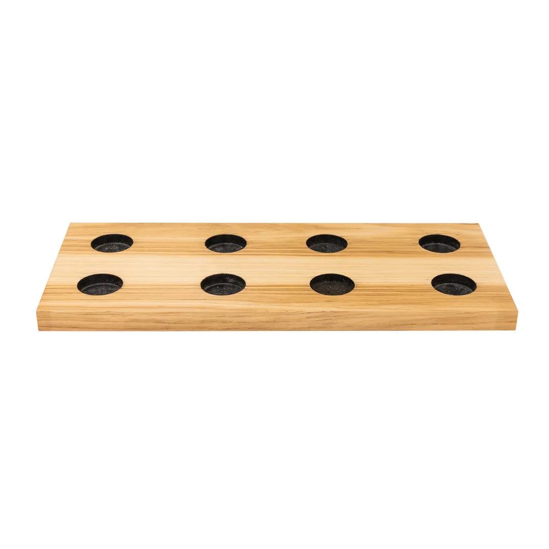 Murphy Door® wooden beer flight holder with eight circular cutouts arranged in two rows on a light oak board.