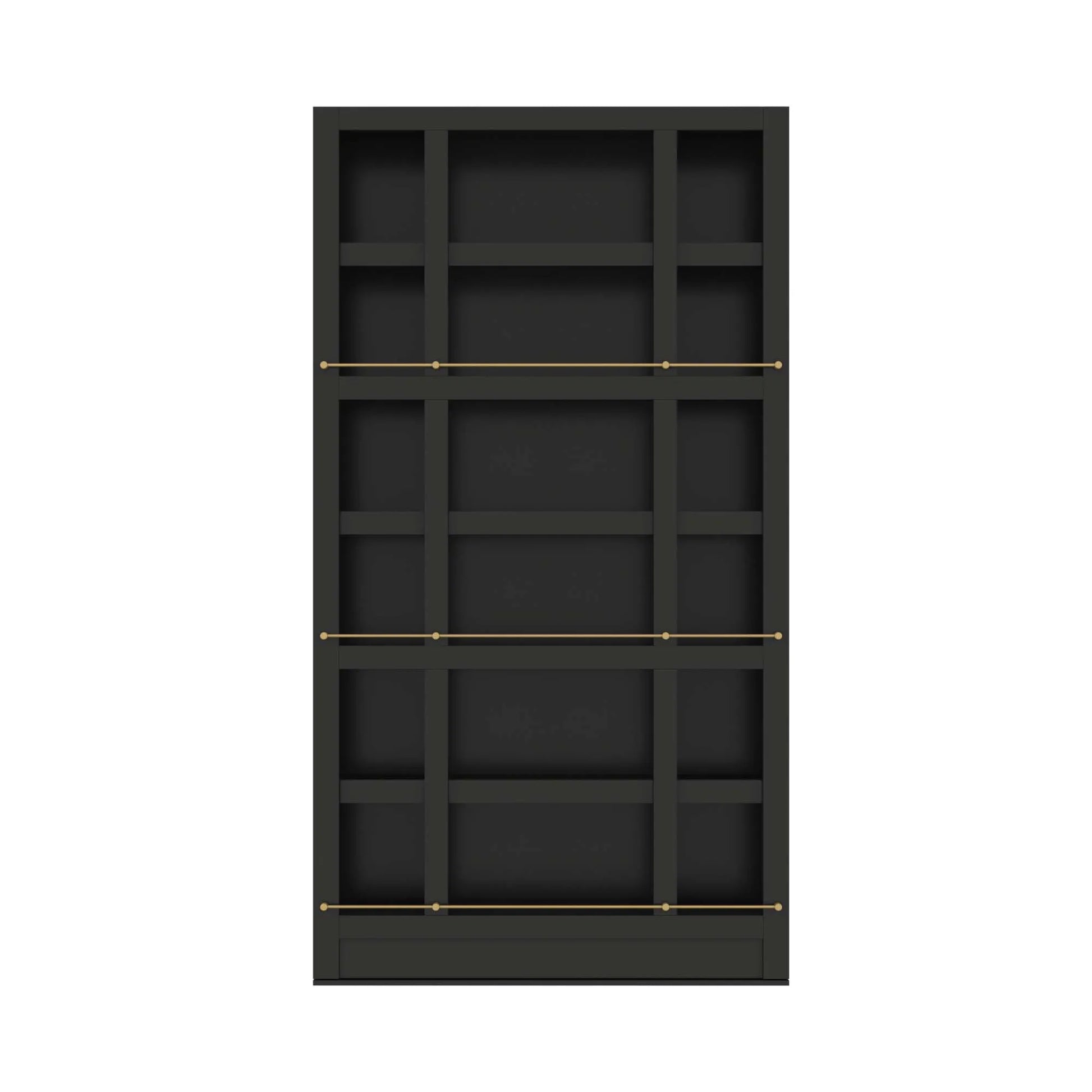 Murphy Door® black bookshelf with gold rails featuring grid-style compartments and sleek modern design for stylish storage solutions.