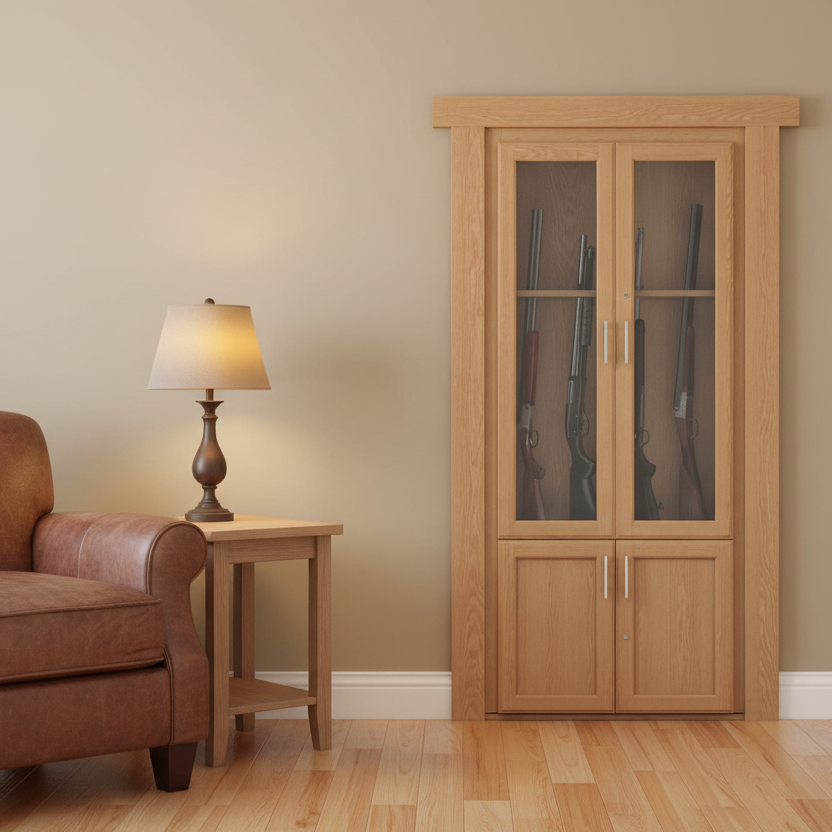 Murphy Door® Hidden Gun Cabinet Door: flush mount light wood cabinet with glass showcasing guns, blending into a wall.