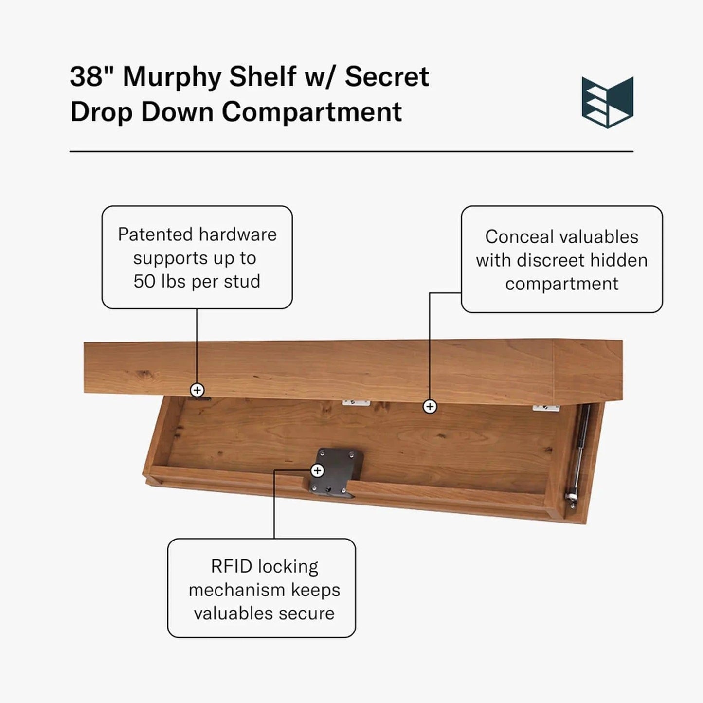 Murphy Door® 38" Murphy Shelf, a natural wood floating shelf with secret drop-down concealment compartment & RFID lock.