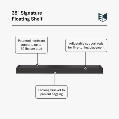 Murphy Door® 38" Signature Floating Shelf, black, highlighting patented hardware (50 lbs/stud), adjustable rods, and locking bracket.