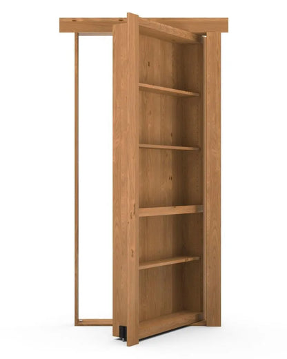 Murphy Door® wooden bookshelf hidden door in light oak finish with five shelves, partially open on hinges.