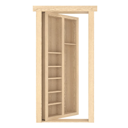 Murphy Door® hidden bookcase door in light oak finish with adjustable shelving, shown partially open in doorframe.