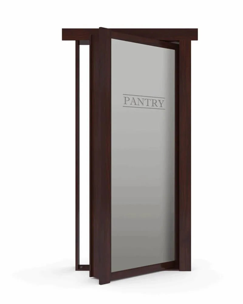Murphy Door® pantry door in dark wood finish with frosted glass panel etched with "PANTRY" text, shown partially open.