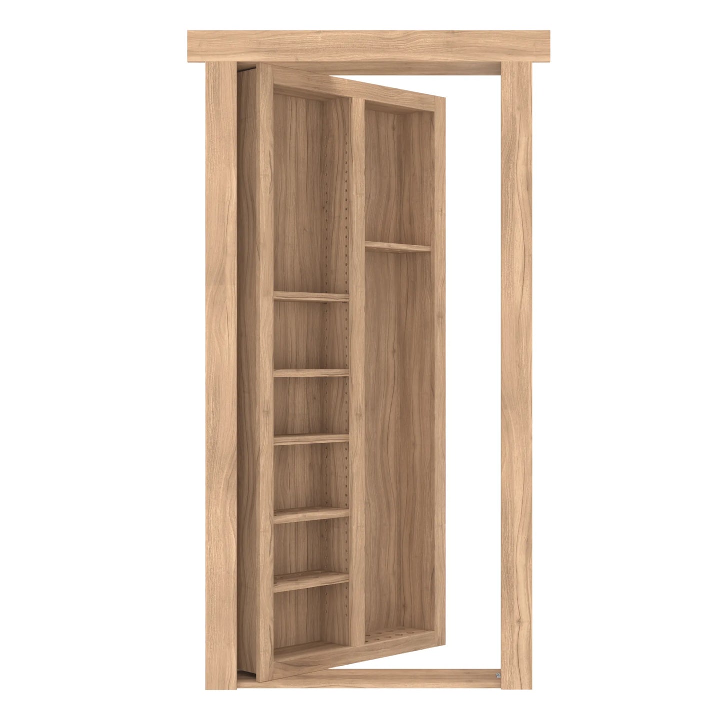 Murphy Door® oak bookcase hidden door featuring light wood finish with multiple shelves, designed to blend seamlessly into doorways.